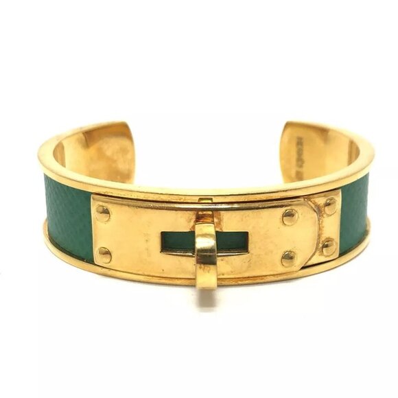 HERMES Kelly Bracelet Bangle Accessories Bangle Metal / Epsom Gold/Green - Picture 1 of 9